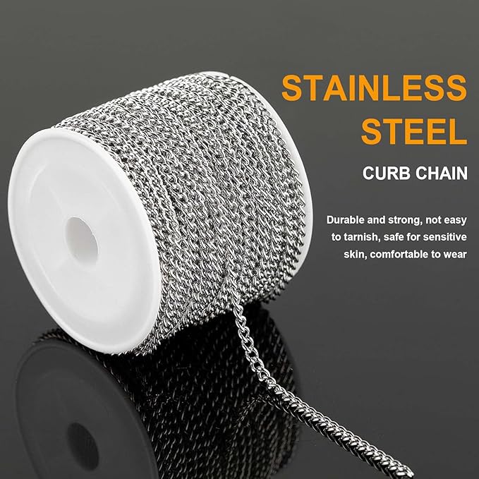 KYUNHOO 10m Silver Stainless Steel Jewelry Making Chains 3mm Wide Curb Necklace Chain for Men and Women Twist Cable Link Chain Spool with Jump Rings and Lobster Claps Jewelry Supplies