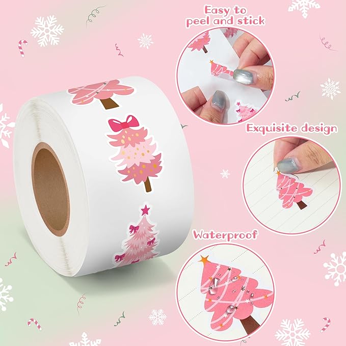 beyumi christmas pine tree sticker - 1000pcs pink and green xmas pine tree stickers in 2 rolls waterproof vinyl winter christmas cute decals party favor classroom bottle envelope gift decor for kids