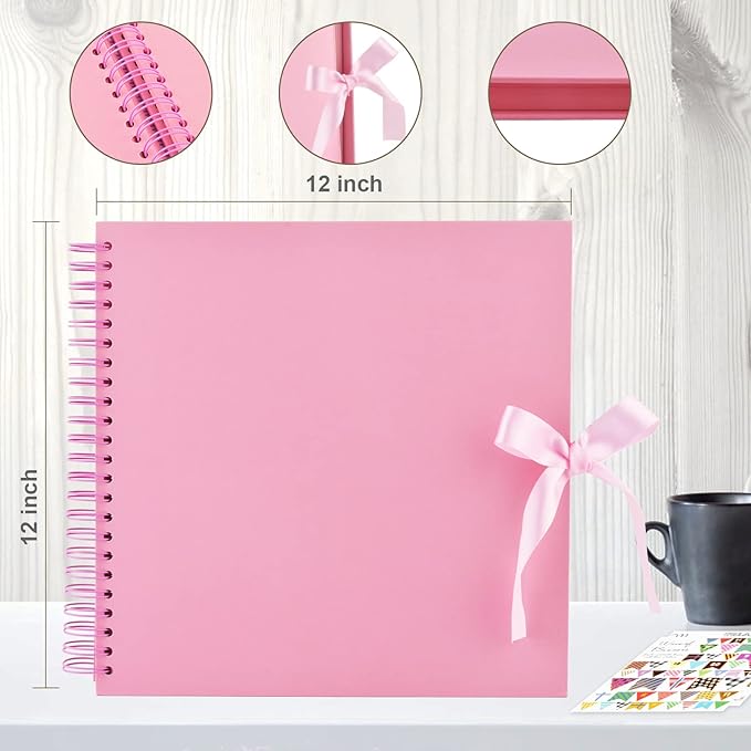 GOTIDEAL 12 x 12 Inch Scrapbook Album with 10 Metallic Markers,80 Pages Craft Paper Photo Album for Wedding and Anniversary, Family DIY Photo Album with Scrapbooking Stickers Corners(Pink)