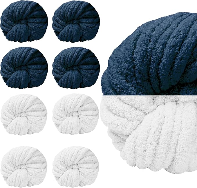 SUNTQ 8 Pack Assorted Yarn - Bulky Chenille Fluffy for Crocheting, Knitting & Arm Knitting - 4 Navy Blue, 4 White (32 yds, 8.8 oz Each)
