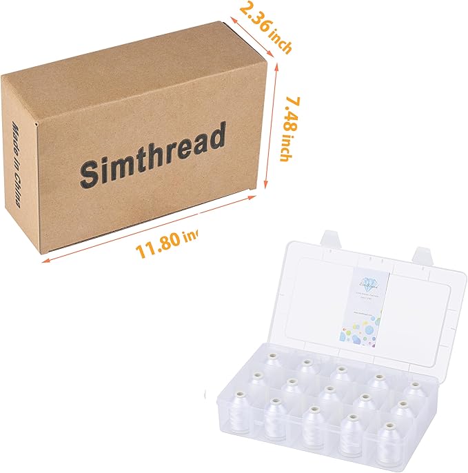 [Box-Upgraded] Simthread Machine Embroidery Thread 1000M White 001, with Storage Box Polyester 15 Spools Set for Embroidery Quilting Machine