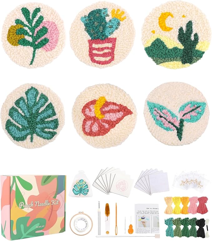 AceList 6PCS Plant Punch Needle Kit for Coaster, Easy DIY Embroidery Kit for Beginners, Adults & Kids Craft Kits, Birthday Gift with Patterns, Tools, Yarns, Hoop, Instructions, Practice Piece