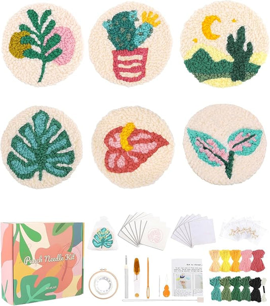 AceList 6PCS Plant Punch Needle Kit for Coaster, Easy DIY Embroidery Kit for Beginners, Adults & Kids Craft Kits, Birthday Gift with Patterns, Tools, Yarns, Hoop, Instructions, Practice Piece