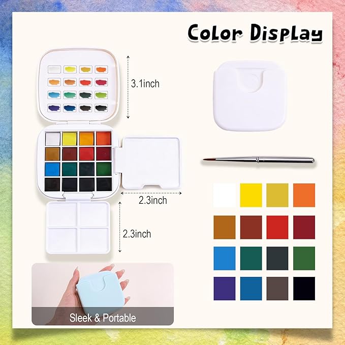 Mini Travel Watercolor Paint Set - Small Pocket Water Colors Paint Set with 16 Colors, Sketchbook, Brush, Clip, Portable Painting Art Kit for Adult, Beginners, Artists & Painting Enthusiasts