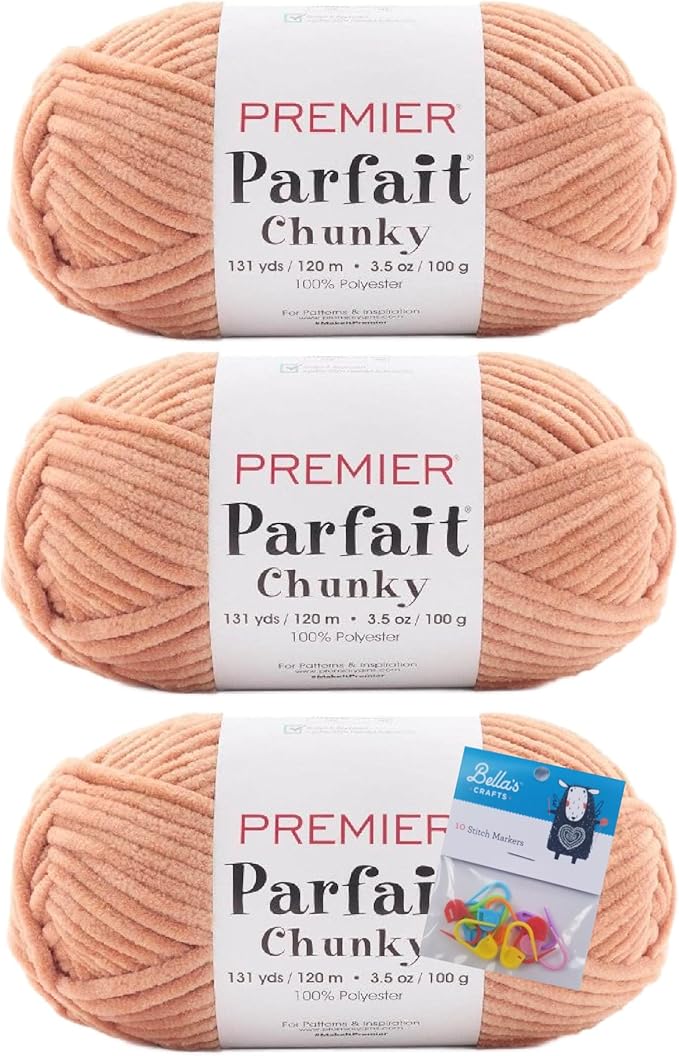 Premier Yarns Parfait Chunky Chenille 3.5 Oz 6 Super Bulky Weight 3 Pack Bundle with Bella's Stitch Place Holders (Apricot)