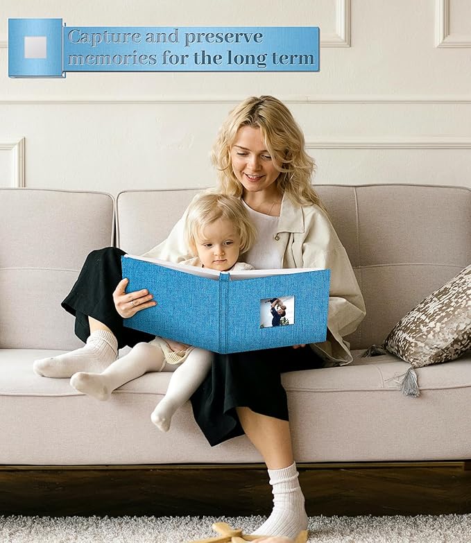 Photo Album Self Adhesive Scrapbook Album for 3x5 4x6 5x7 8x10 Pictures,60 Pages Linen Cover with Display Window DIY Photo Book,Ideal Gifts for Family Travel Wedding Baby