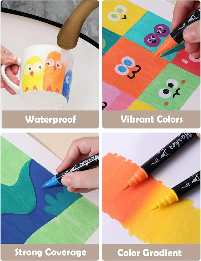 30 Colors Acrylic Paint Markers - Waterproof Dual Tip Acrylic Paint Pens with Brush & Fine Tip Professional Marker Set Scrapbook Markers for Paper Rock Wood Fabric Glass Ceramic and DIY Crafts
