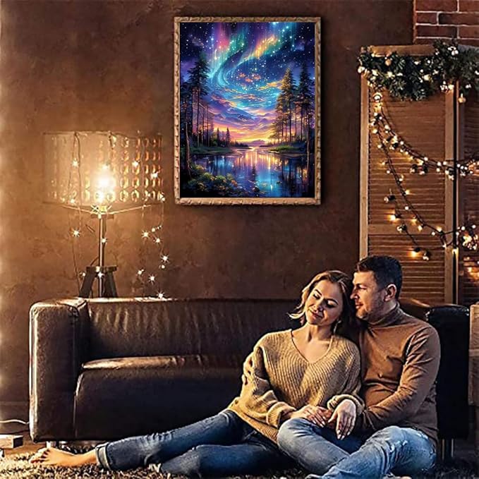 Starry Night Stamped Cross Stitch Kits for Adults - Lake Tree Embroidery Kits for Beginners Adults,11 CT Patterns Dimensions Counted Cross Stitch Kits for Adults Arts Craft 12x16 inch