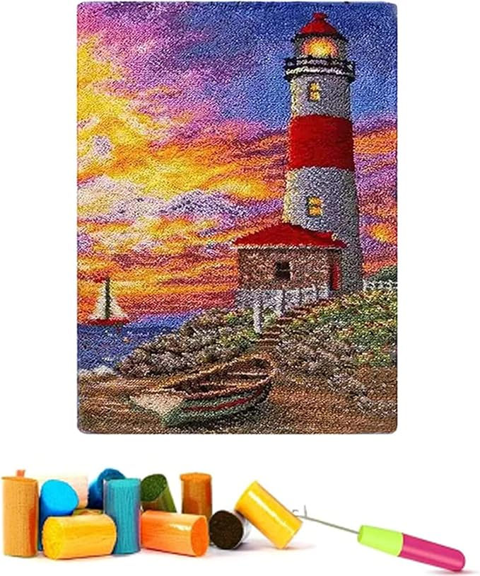 Zriechs Latch Hook Kits for Adults Kids DIY Lighthouse Crochet Yarn Kits Tapestry Kit for Home Decoration, 21''x15'' (RED)