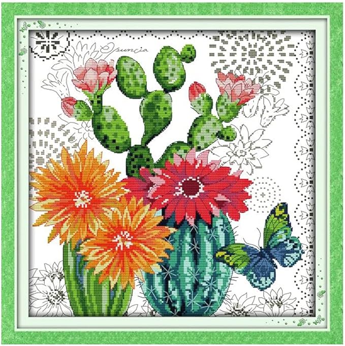 CaptainCrafts Cross Stitch Kits, New Stamped Kit Printed 11CT Fabric Cross Stitching DIY Art DMC Needlecrafts Embroidery Kit for Adults Beginner (Stamped, Ball Cactus Flower)