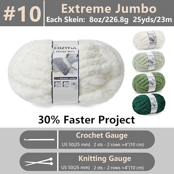 Chunky Yarn for Hand Knitting - #10 Chunky Chenille Yarn, Jumbo Big Thick Chunky Yarns for Crocheting, Super Bulky Chunky Knit Blanket Yarns, 8 Skein (25yd, 8oz/Skein), Cream & Multi Green