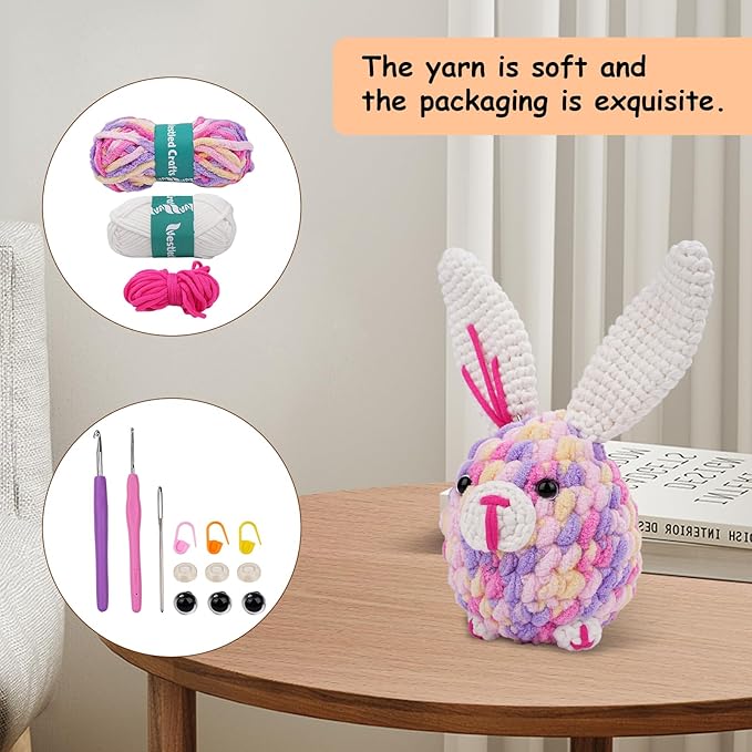 Vanttokeey Crochet Kit for Beginners, Animal Amigurumi Crochet Kits Included, Step-by-Step Video Tutorials, Beginner Crochet Kit for Adults and Kids, Crocheting Starter Set (Bunny)