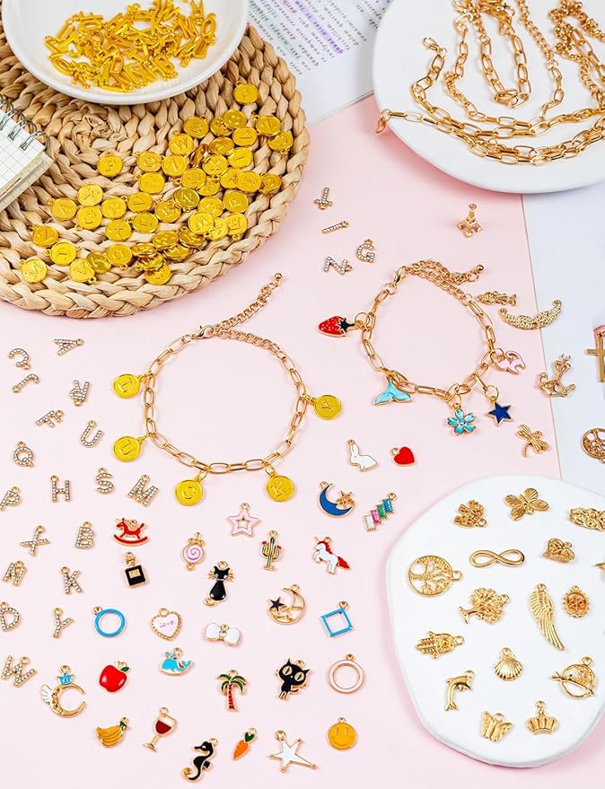 ZMLTLMG 552Pcs Gold Charm Bracelet Making Kit, Premium Paperclip Chain Jewelry Making Supplies with Enamel Charms, Letter Beads & Jump Rings, DIY Crafts Gift Set for Women Girls Adults