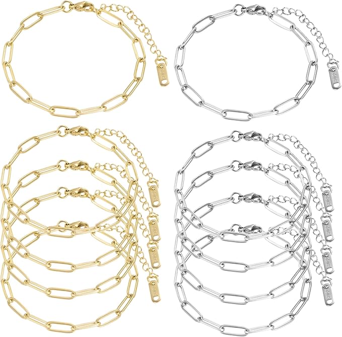 10 PCS Charm Bracelet Chain, 18K Gold Charm Bracelet Kit, 6.3Inch Paperclip Chain Bracelets, Chain Bracelet for Jewelry Making, Adjustable Jewelry Charm for Crafting and Gifting