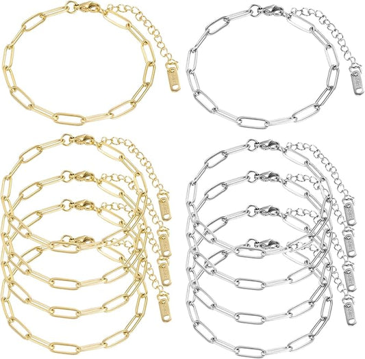 10 PCS Charm Bracelet Chain, 18K Gold Charm Bracelet Kit, 6.3Inch Paperclip Chain Bracelets, Chain Bracelet for Jewelry Making, Adjustable Jewelry Charm for Crafting and Gifting