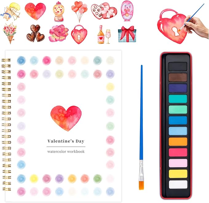 Valentine's Day Watercolor Workbook for Adults, Beginner Friendly Watercolor Painting Kit Pattern Water Coloring Book, Valentines Themed Practice Art Gift Water Color Paint Book with Palette Brush
