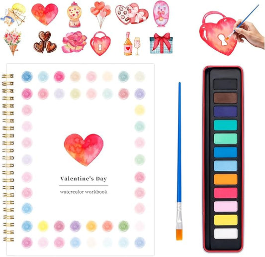 Valentine's Day Watercolor Workbook for Adults, Beginner Friendly Watercolor Painting Kit Pattern Water Coloring Book, Valentines Themed Practice Art Gift Water Color Paint Book with Palette Brush