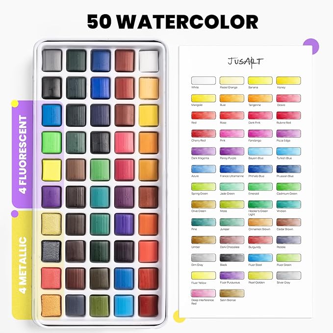 jusart 50 colors watercolor paint set,art supplies with metallic color, detail painting brushes, water brush pens, portable travel watercolor painting kit for artists, professionals
