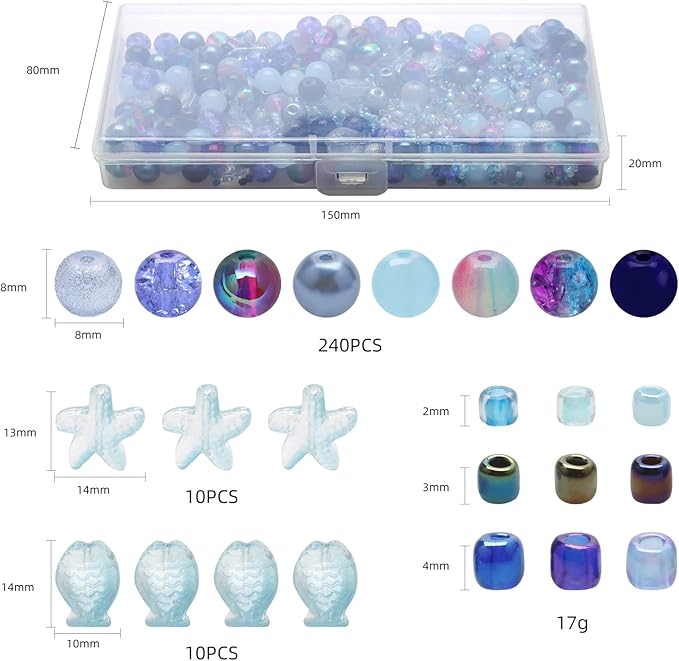 Rired 27 760pcs Assorted Crystal Bracelet Beads for Jewelry Making, 8 Types Glamour Blue Round Glass Beads with Star, Fish and Seed Beads for DIY Making