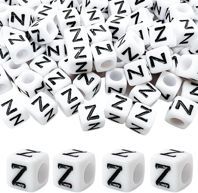 MIIIM 100pcs Pony Beads Letter Z for Keychains Making, 6x6mm Large Hole Square Letter Beads for Bracelets Making, Alphabets, Numbers (White and Black)