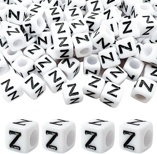 MIIIM 100pcs Pony Beads Letter Z for Keychains Making, 6x6mm Large Hole Square Letter Beads for Bracelets Making, Alphabets, Numbers (White and Black)