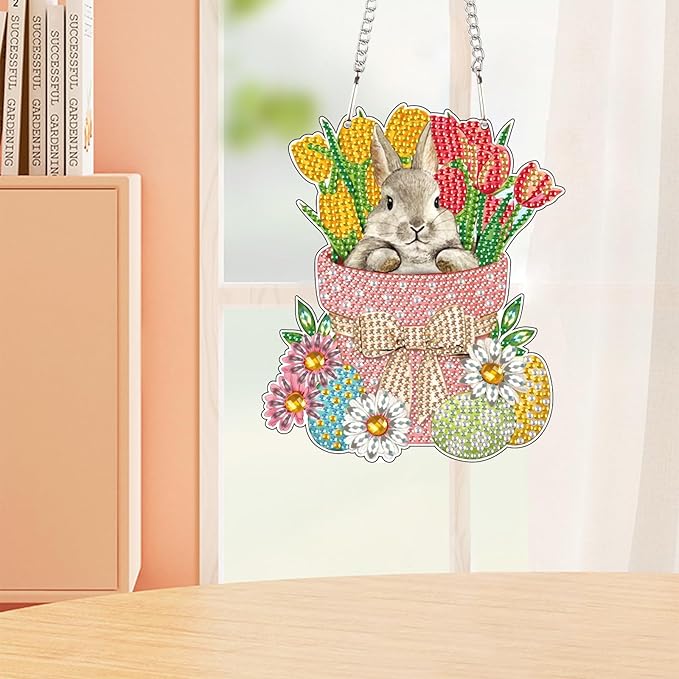 5D Rabbit Diamond Art Suncatcher Hanging Kit, DIY Crystal Diamond Painting Pendant Wall Window Door Decor, Handmade Animal Rhinestone Art Ornament Craft for Home, Garden, Easter or Birthday Gifts