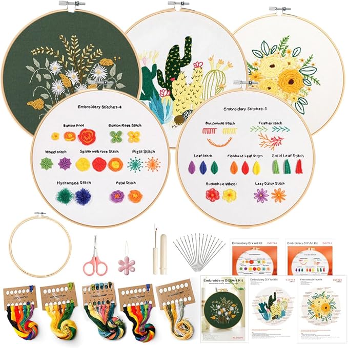 4 pack embroidery kit for beginners adults diy starter kit, cross stitch kits with flower stamped patterns, embroidery hoop, tools,colorful threads,step by step instructions,hand craft lover gift