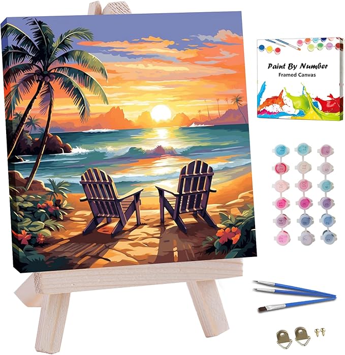 JUJUHOOD Sunset Beach Scene Framed Paint by Numbers Kit for Adults Beginner & Kids Ages 8-12, Seaside Paint by Number Without Easel, Simple Paint by Numbers for Gift Home Wall Decor (10x10Inch)