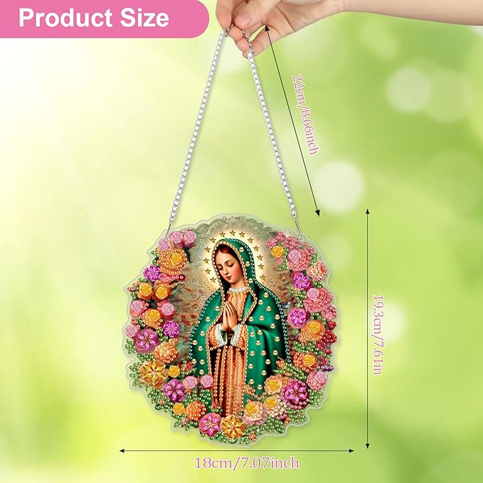 CEOVR Virgin Mary Hanging Diamond Art Kits for Adults, Prayer Special Shape Religious Diamond Painting DIY Gem Art, Windows Pendant Ornament with Chain, Acrylic Home Garden Decor, Box Kit 7.07x7.61In