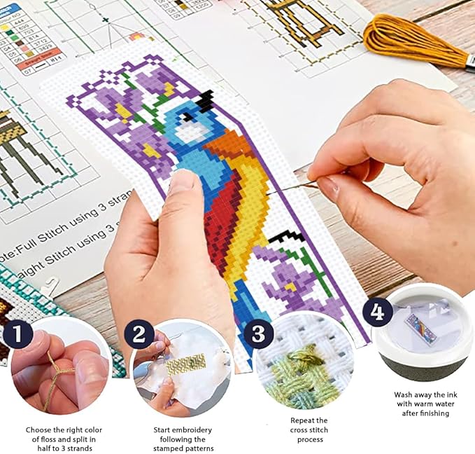 ORIGACH 6 Set Bird and Flower Cross Stitch Bookmark Kit for Beginners Stamped Embroidery Kit Include Backing Felt and Instruction Beginner Cross Stitch Kits for Adults
