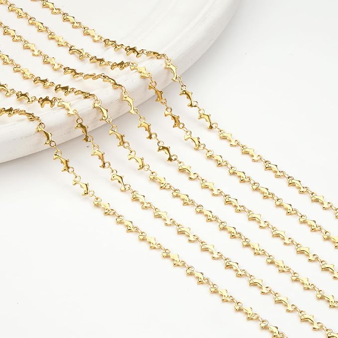 Kyutong 4 Meters Gold Plated Jewelry Making Chains on Spool Dolphin Shape Craft Jewelry Findings Stainless Steel Necklace Chain Bulk with Clasps for Women Men Make Handcrafts