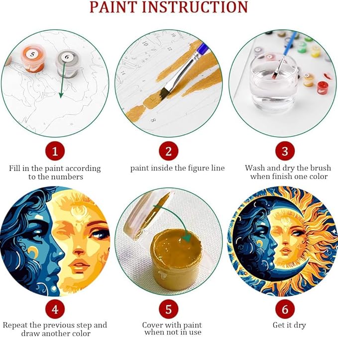Axquilon Framed Paint by Numbers Kit for Adults-Sun and Moon Adult Paint by Number Kits with Easel, Easy Adults' Paint-by-Number Kits Oil Painting for Gift Home Wall Decor 8x8in