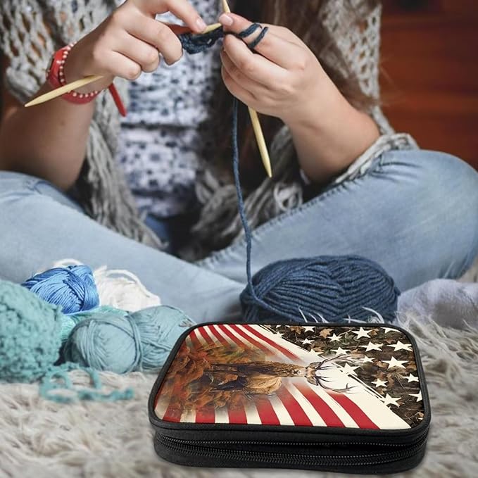 Hechitok American Flag Deer Print Crochet Hooks Case Zipper Bags Portable Crochet Storage Bag with Web Pocket and Crochet Holder Slots for Carrying Various Crochets Needles