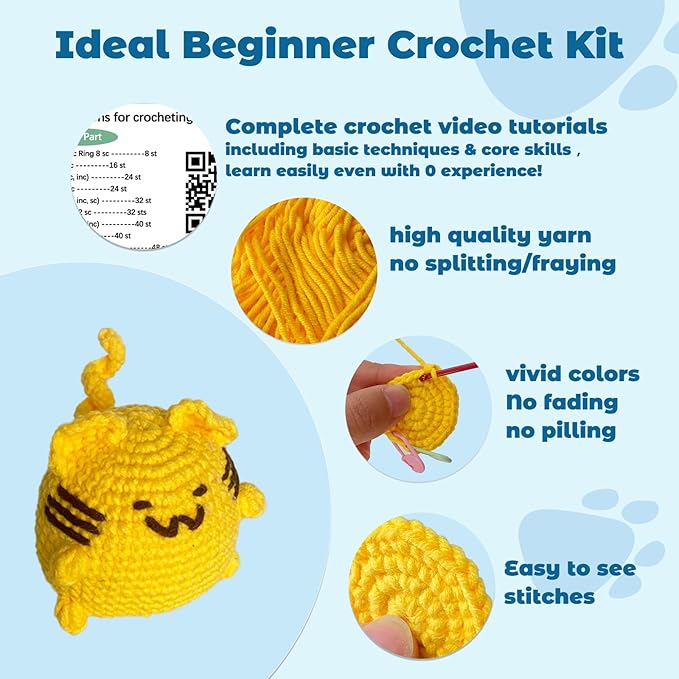 JueRum All in One Crochet Kit for Beginners,2PSC Cat Crochet Starter Kit with Step-by-Step Video Tutorials,Learn to Crochet Amigurumi Animals Knitting Kit for Adult