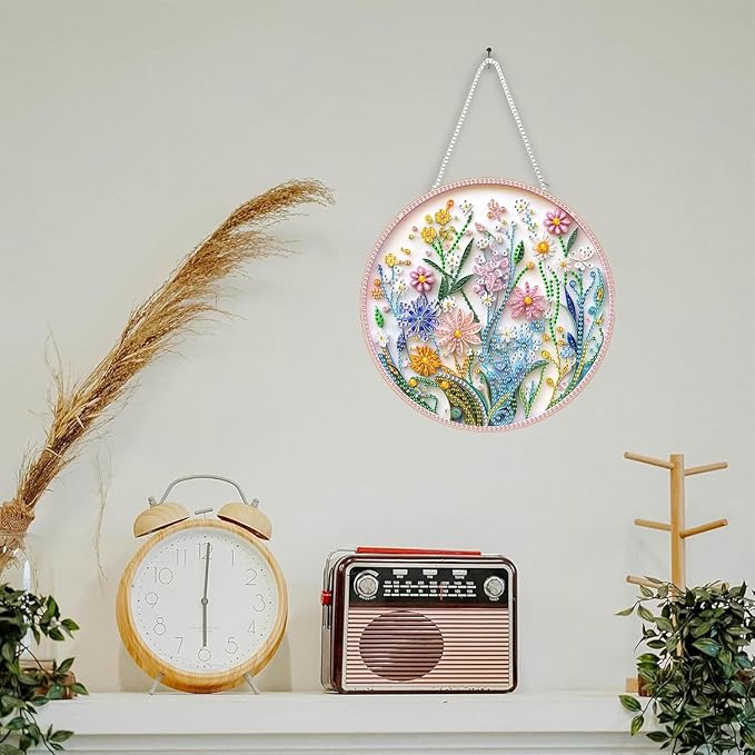 SKRYUIE Hanging Diamond Art Kits for Adults Pendant Flower, Special Shaped Crystal DIY Diamond Painting Kit, Acrylic Board Wreath Pendants Double Sided, Home Decor 7.48 x 7.32 Inch c3