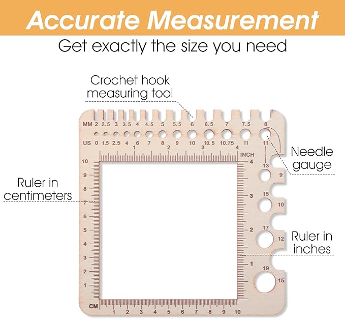 XLIUAX Wooden Rulers, Crochet Stitch Counter Spinner Yarn Measure Needle Gauge Swatch Ruler for Knitting Crochet Gauge Measuring Tool Poplar Square Measuring Tool Multi-Size Holes for Needles(A)