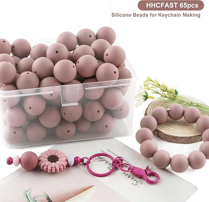 65Pcs 19mm Silicone Beads for Keychain Making Bracelet Necklace, Bulk Round Silicone Beads for Pens(Rose Brown)