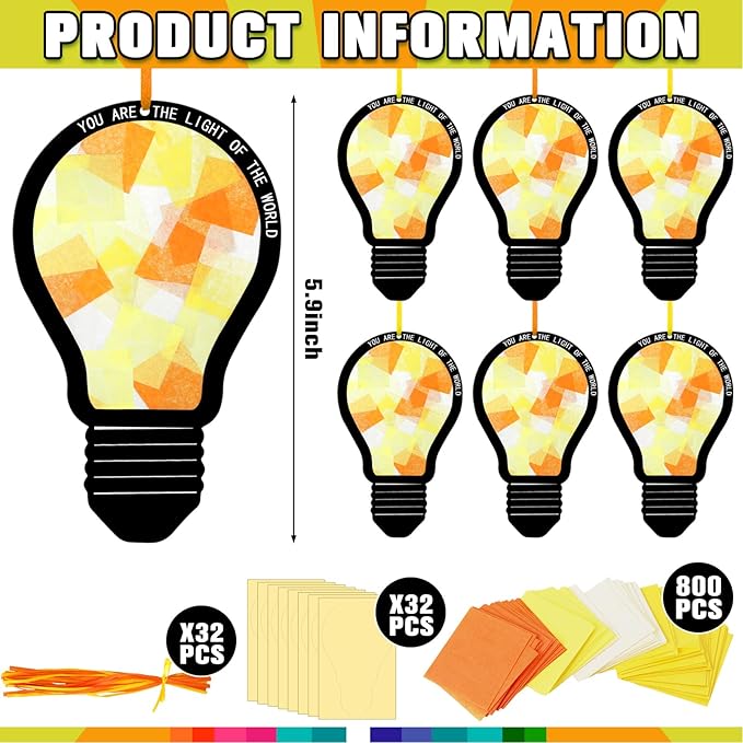 Motipuns 32 Sets Illumination Station Vbs Suncatchers Crafts, Light of the World Bible Craft Kits DIY Christian Religious Stained Glass Effect Tissue Paper for Sunday School Resurrection Window Art