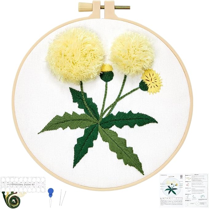 Dandelion Flower Embroidery Kits for Beginners Adults, Hand Embroidery Starter Kits, Cross Stitch Kits for Beginners DIY Craft Kits for Adults Women, Entire Set of Embroidery Supplies & Video Tutorial