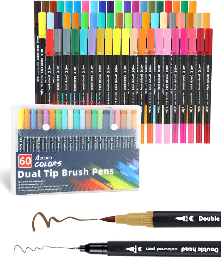 60 Colors Dual Markers Brush Pens, Fine Felt & Brush Tip Marker Christmas Gifts for Kids and Adults, Stocking Stuffers Art Marker Pens for Coloring Book Journaling Note Taking Hand Lettering