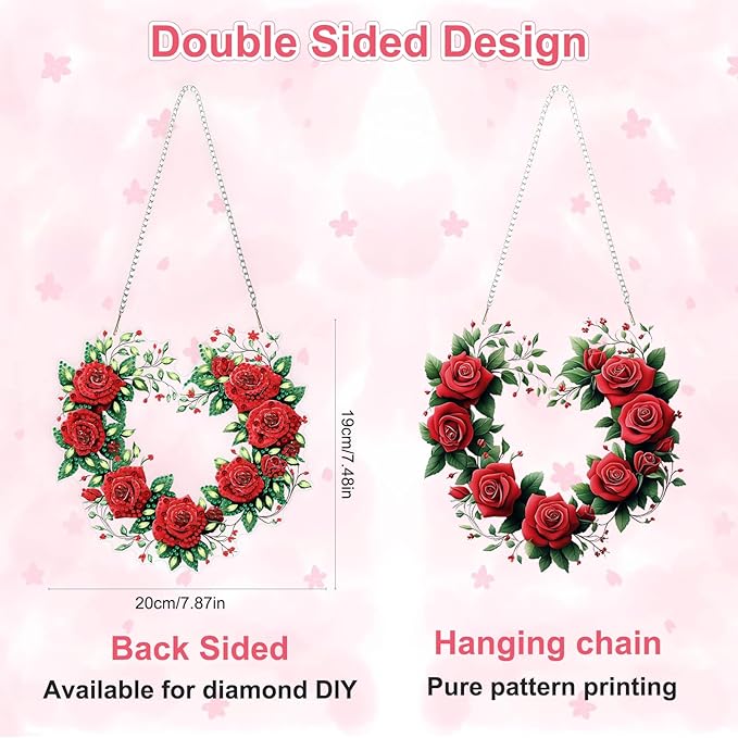 Valentine's Day Diamond Art Hanging Ornaments Kits for Adults, Roses Diamond Painting Pendant Kits, DIY Acrylic 5D Special Shaped Crystal Gem Art Painting Ornament for Home Wall Decor Gift 8x8 Inch