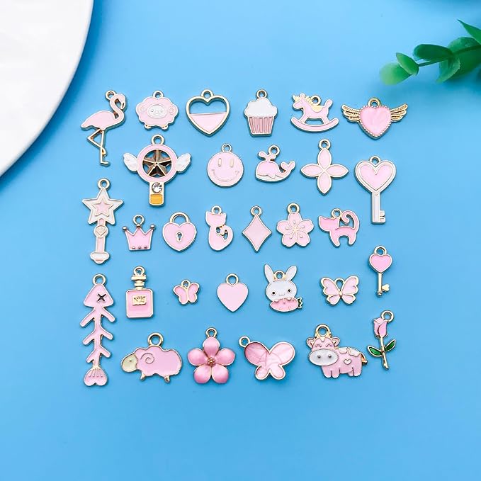 Youdiyla 60pcs Alloy enamel pink series fixed set Pendant Jewelry Making DIY Keychain Earrings Pendant Various Design Charms for Jewelry Making Bracelets Necklace (HK549)