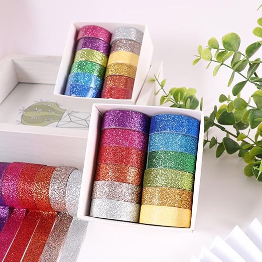 12 Rolls Glitter Washi Tape Set – 15mm Rainbow Colored Masking Tape, Sparkle Decorative Tape for DIY, Art, Scrapbook Tape, Decor & Crafts