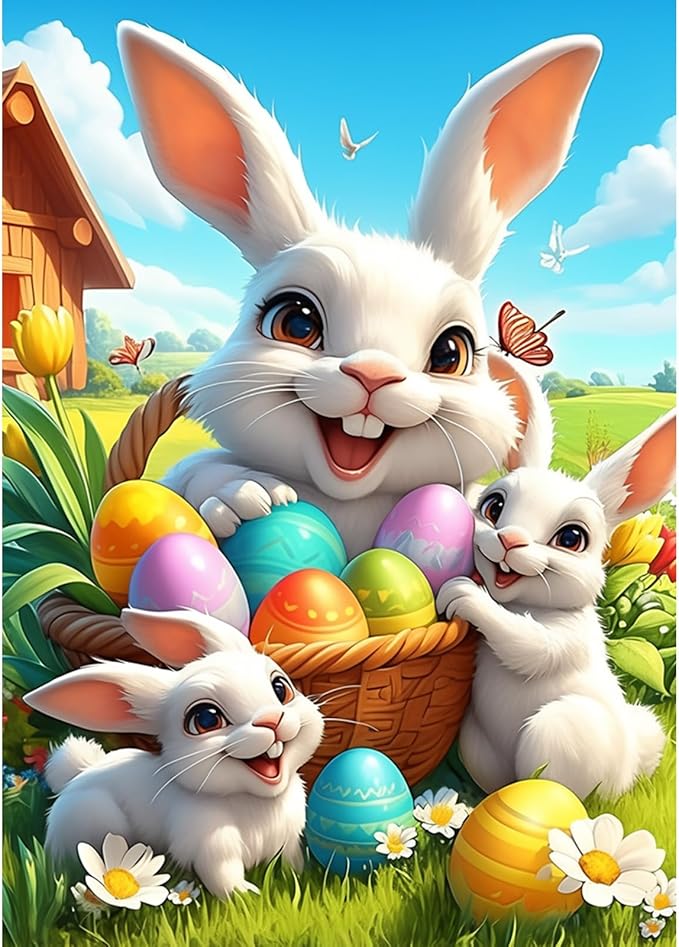 NEWENMO Easter Bunny Family Diamond Art Kits for Adults, 5D Diamond Painting Kits for Beginners Happy Easter, DIY Full Drill Dots Gem Art Painting Kit for Home Wall Decor 12x16 Inch