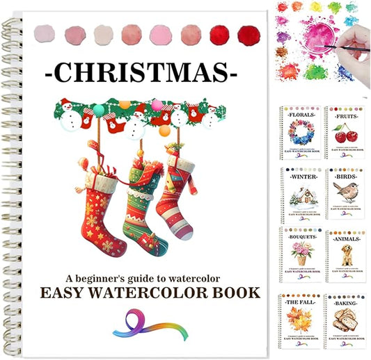 Watercolor Workbooks Coloring Book Beginner Friendly Painting Kit Easy Nature Scenes Paint Set Art Crafts for Creative Exploration Gift for Adults (Christmas, Without Palette)