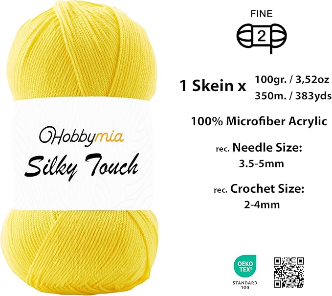 Silky Touch Acrylic Yarn - Soft Sport Weight Yarn for Crochet & Knitting - 100g / 383yds - 100% Microfiber Acrylic - Lightweight Fine Smooth Yarn(Yellow - Daisy, 1 Skein)