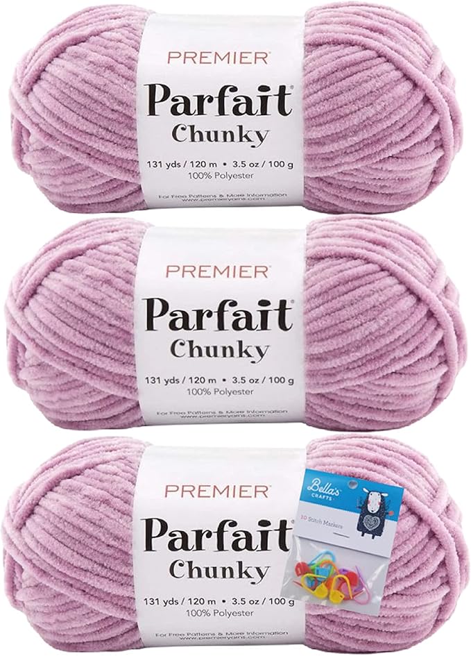 Premier Yarns Parfait Chunky Chenille Yarn 3.5 Oz 6 Super Bulky Weight 3 Pack Bundle with Bella's Stitch Place Holders (Dusty Mauve)