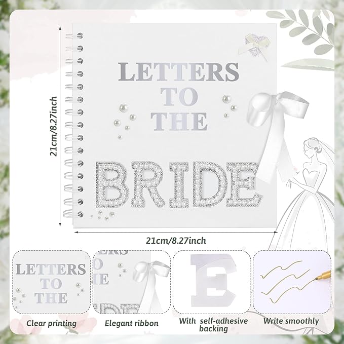 Draupnir 8 x 8 Inch Letters To The Bride Scrapbook Wedding Memory Book with Pearl Lace Wedding Metallic Letters Stickers Bows Pen Bridal DIY Blank Paper Scrapbook Photo Album Guest Book Sign