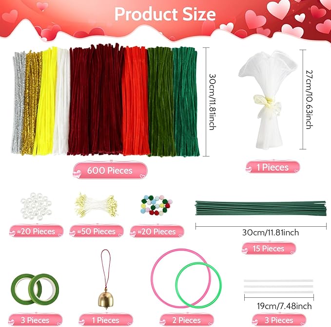 beanicus 600 PCS Valentine's Day Pipe Cleaners Craft, Pipe Cleaners Flowers Kit, Rose Flowers DIY Chenille Stems, Green and Red Pipe Cleaners, Valentines Day Rose Kit, Vday Decoration