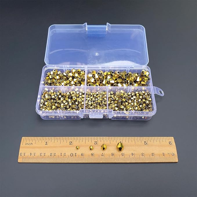 Light Gold Bicone Glass Beads for Jewelry Making, Faceted Crytal Spacer Beads for Bracelet Necklace Earring (3mm 4mm 6mm 8mm Mixed Sizes, 1040pcs)